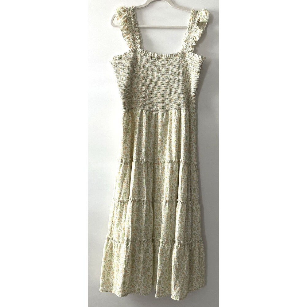 BTFBM Floral Tiered Maxi Dress Smocked Ruffle Strap Cream Green Size XL-C